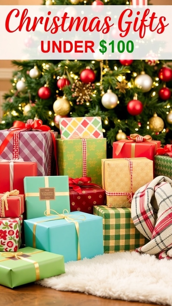 A collection of Christmas gifts under $100, beautifully wrapped and arranged around a Christmas tree.